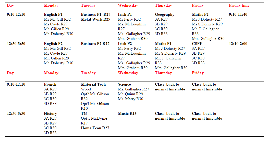 Mock Exam Timetable 2023  Newpark Comprehensive School, Dublin